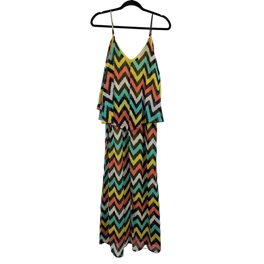 Multicolor Chevron Blouson Maxi Dress Sz 1X Tiered Sheer Zig Zag Kidcore Fun